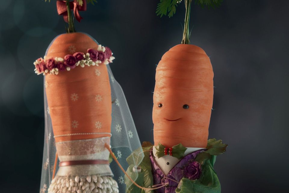 Kevin the Carrot and his fiancée Katie finally tie the knot in this year’s Aldi Christmas advert; presumably they didn’t celebrate with a slice of carrot cake. Photo: Aldi